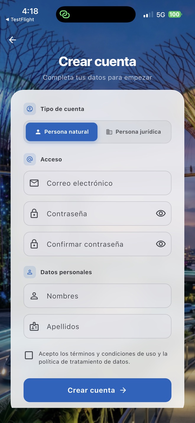 Formulario de creación de cuenta en AccessPay