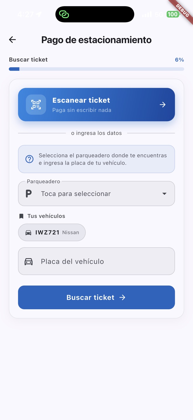 Paso de búsqueda del ticket por parqueadero y placa