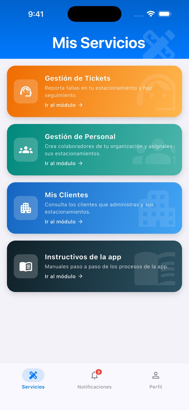 Menú Mis Servicios con la tarjeta Gestión de Tickets
