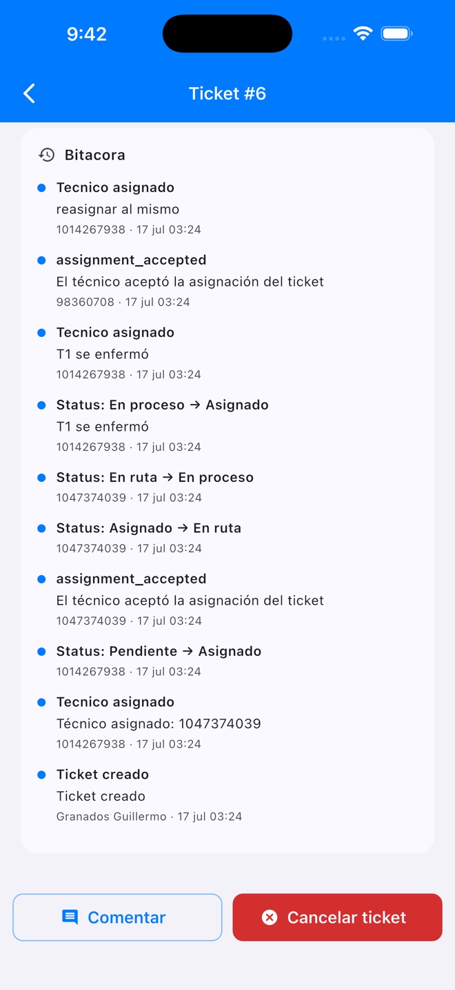 Bitácora completa del ticket con cada movimiento